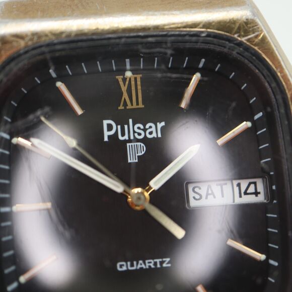 Vintage Pulsar Gold Tone Tank Watch 33mm Day Date Black Leather w New Battery main image 9